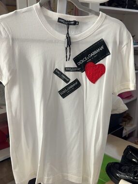 Dolce & Gabbana White Tee with Red Heart Patch and Logo Tags
